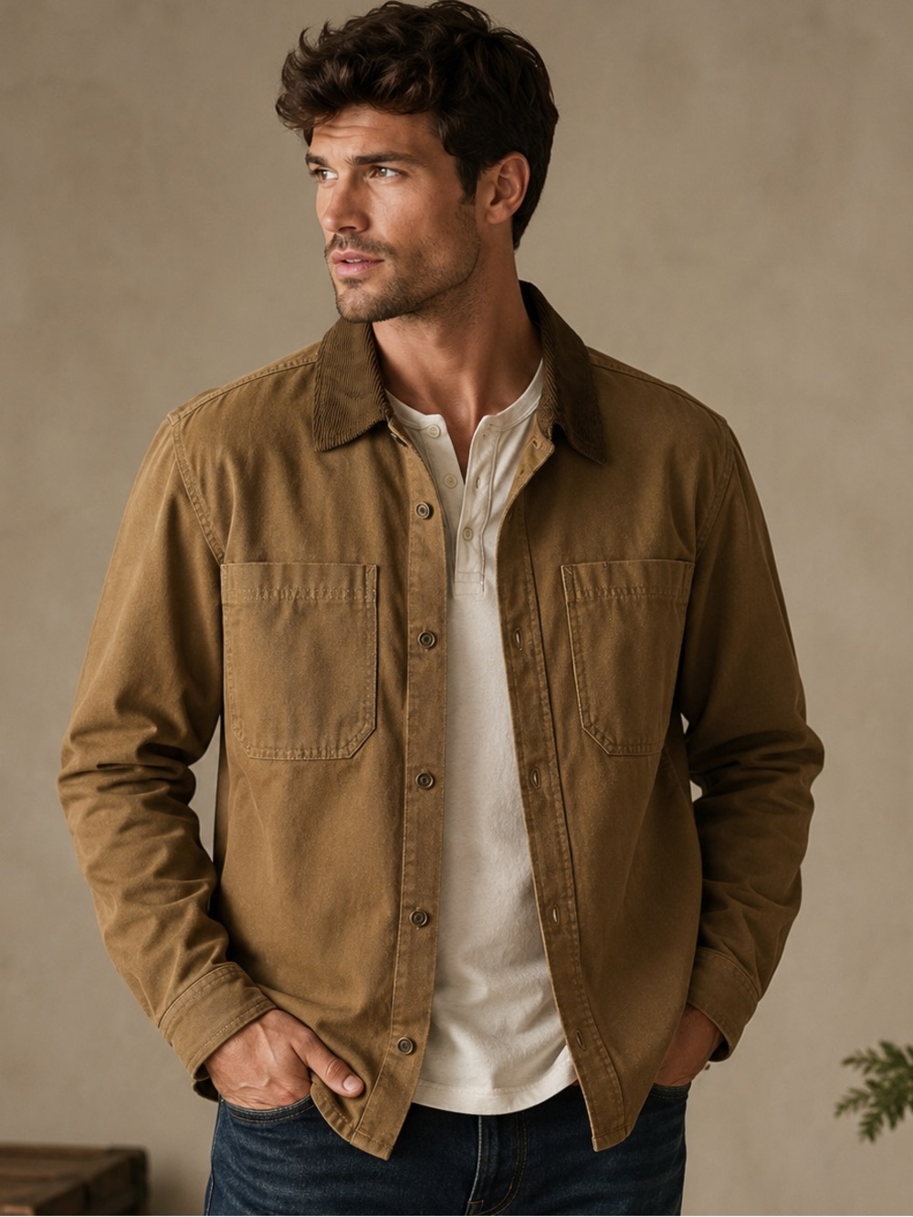 Frye Men’s Canvas Chore Jacket Brown Corduroy Collar Button Front Size L